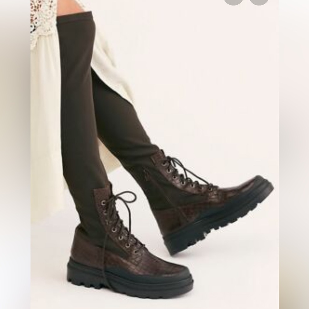 Free People Shoreditch Over The Knee Boots Brown Croc Size 38 New